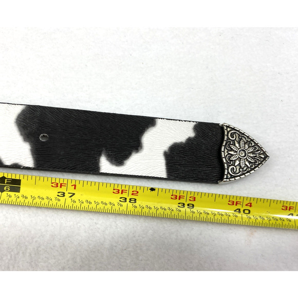 Womens Western Belt Faux‎ Cow Hide Print Cowgirl Ornate Silvertone Metal Buckle - Picture 7 of 7